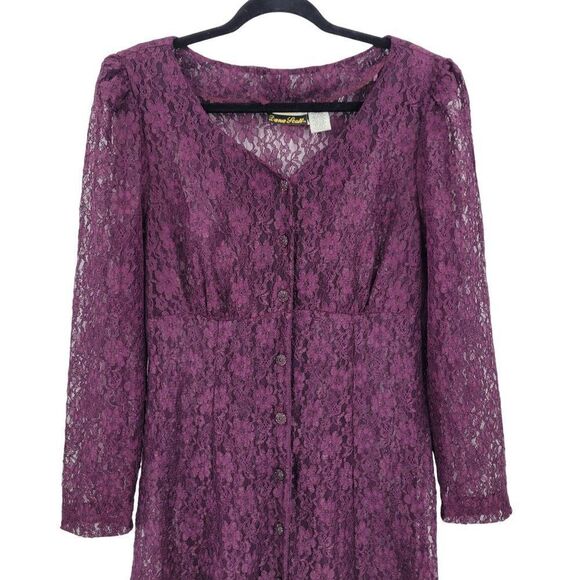 Vintage 80s Oxblood Lace Duster Button Front Maxi Dress L Puff Sleeve Boho Goth - Picture 7 of 14